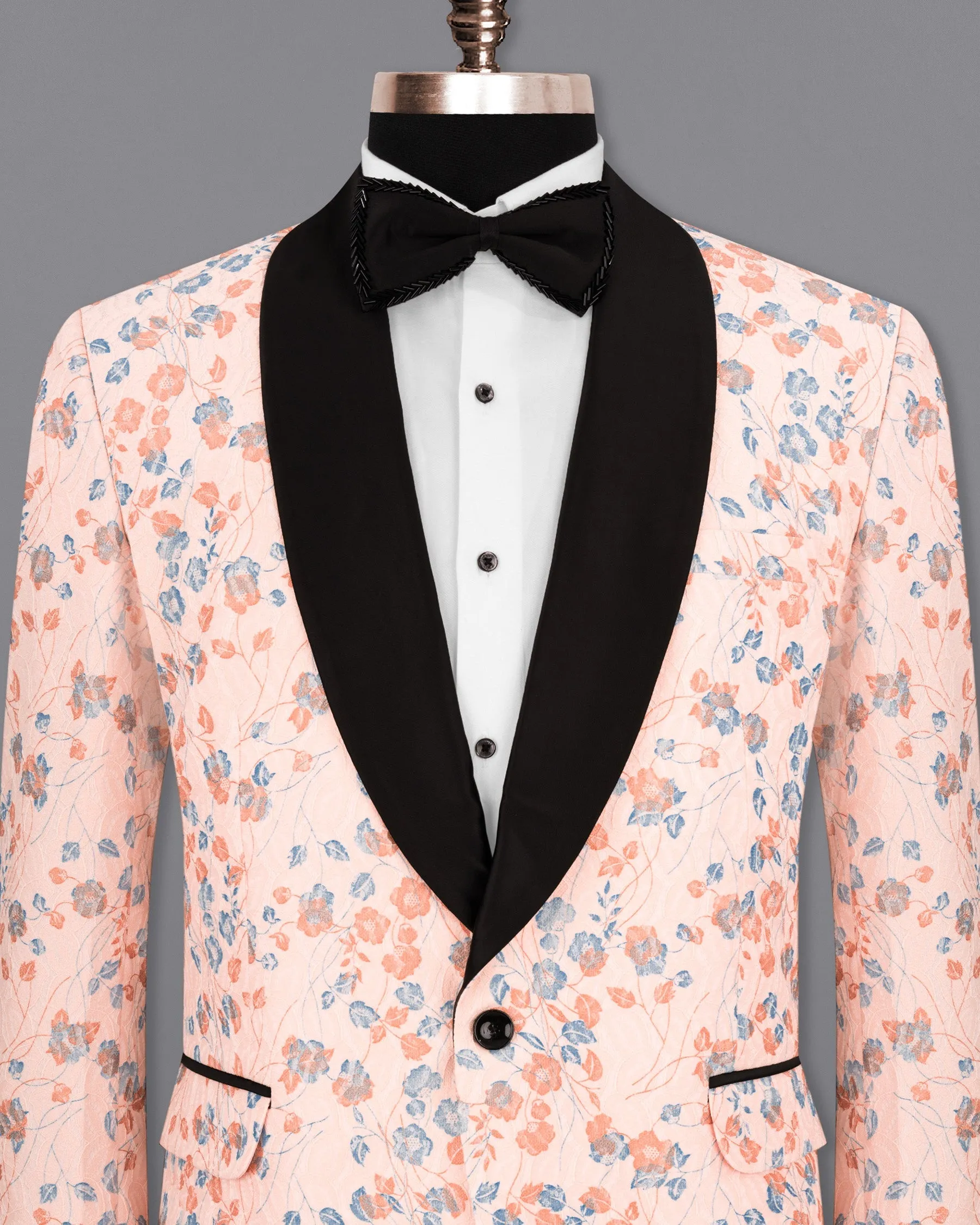 Mandys Pink Floral Textured Designer Tuxedo Blazer