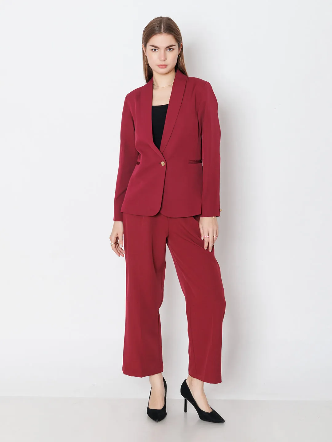 Maroon Solid Fitted Blazer