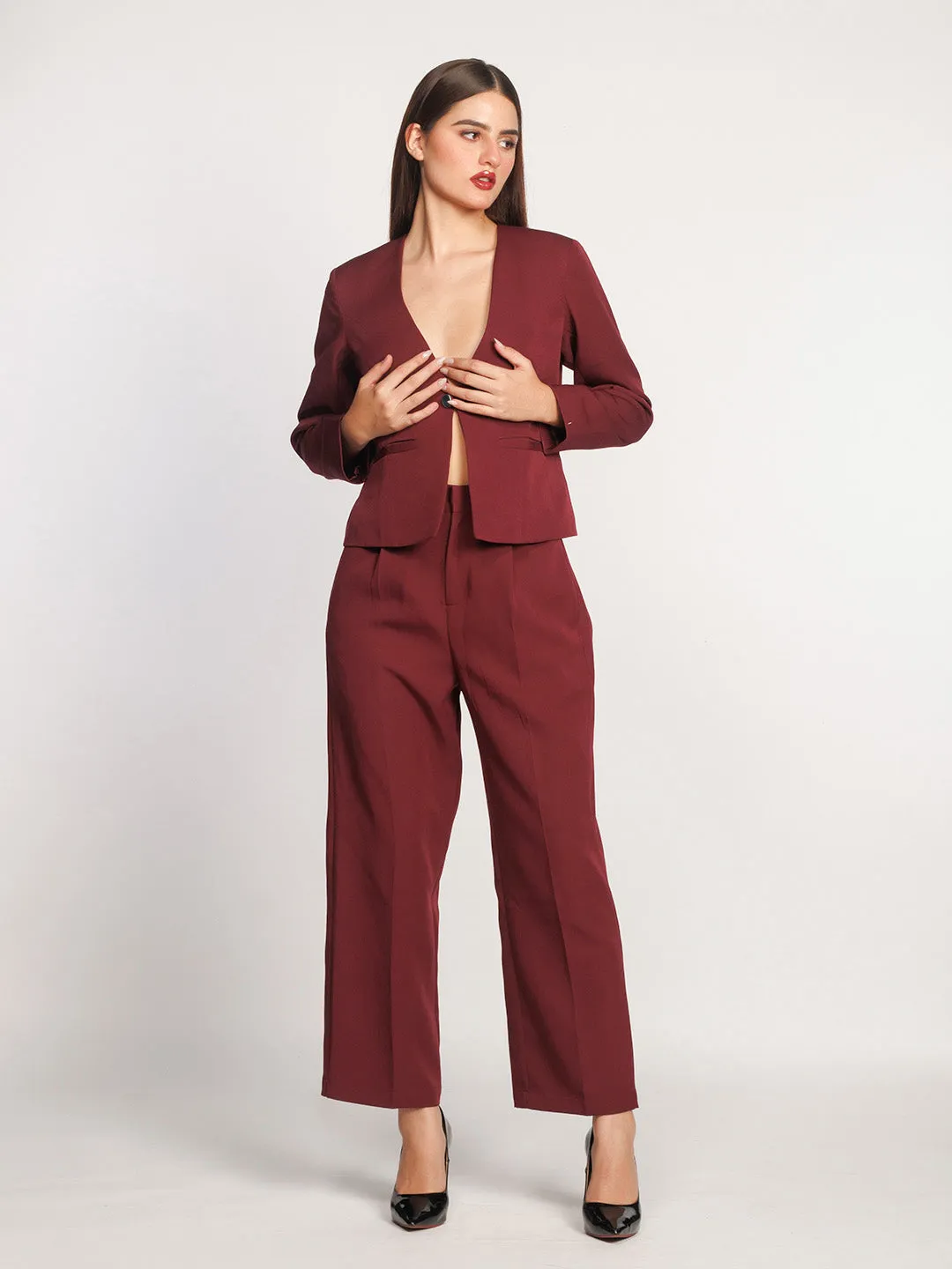 Maroon Solid Fitted Blazer