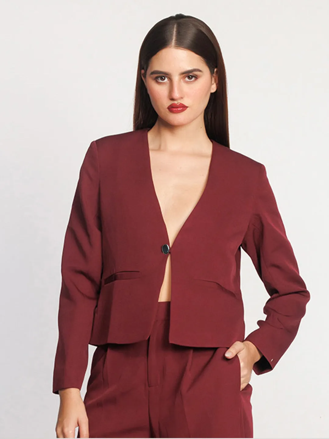 Maroon Solid Fitted Blazer