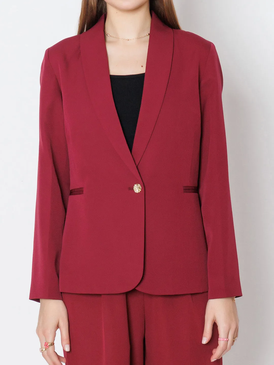 Maroon Solid Fitted Blazer
