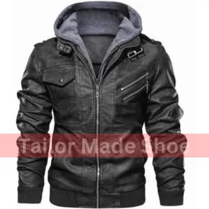 Men Black Leather Bomber Style Leather Jacket With Hoodie, Baseball Jackets