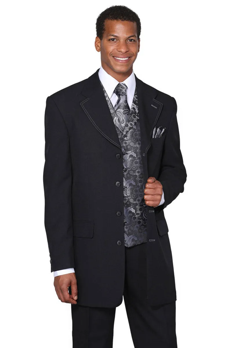 Mens 3/4 Length 4 button Contrast Stitching Suit with Paisley Vest in Black/Grey