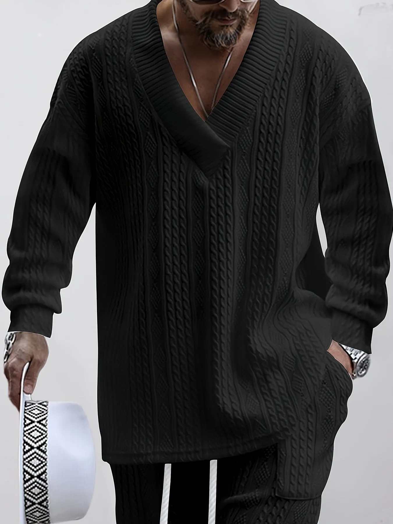 Men's Knitted 2Pcs Casual Outfit Set - V Neck Sweater & Drawstring Joggers