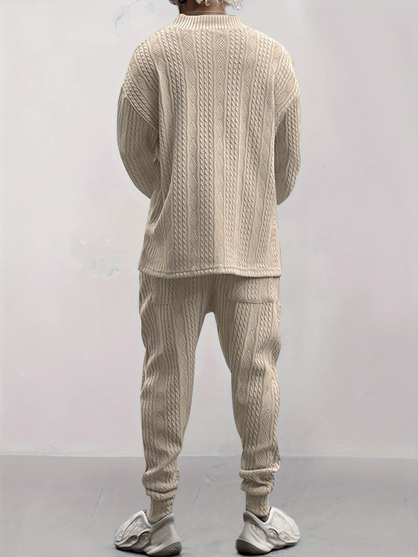 Men's Knitted 2Pcs Casual Outfit Set - V Neck Sweater & Drawstring Joggers