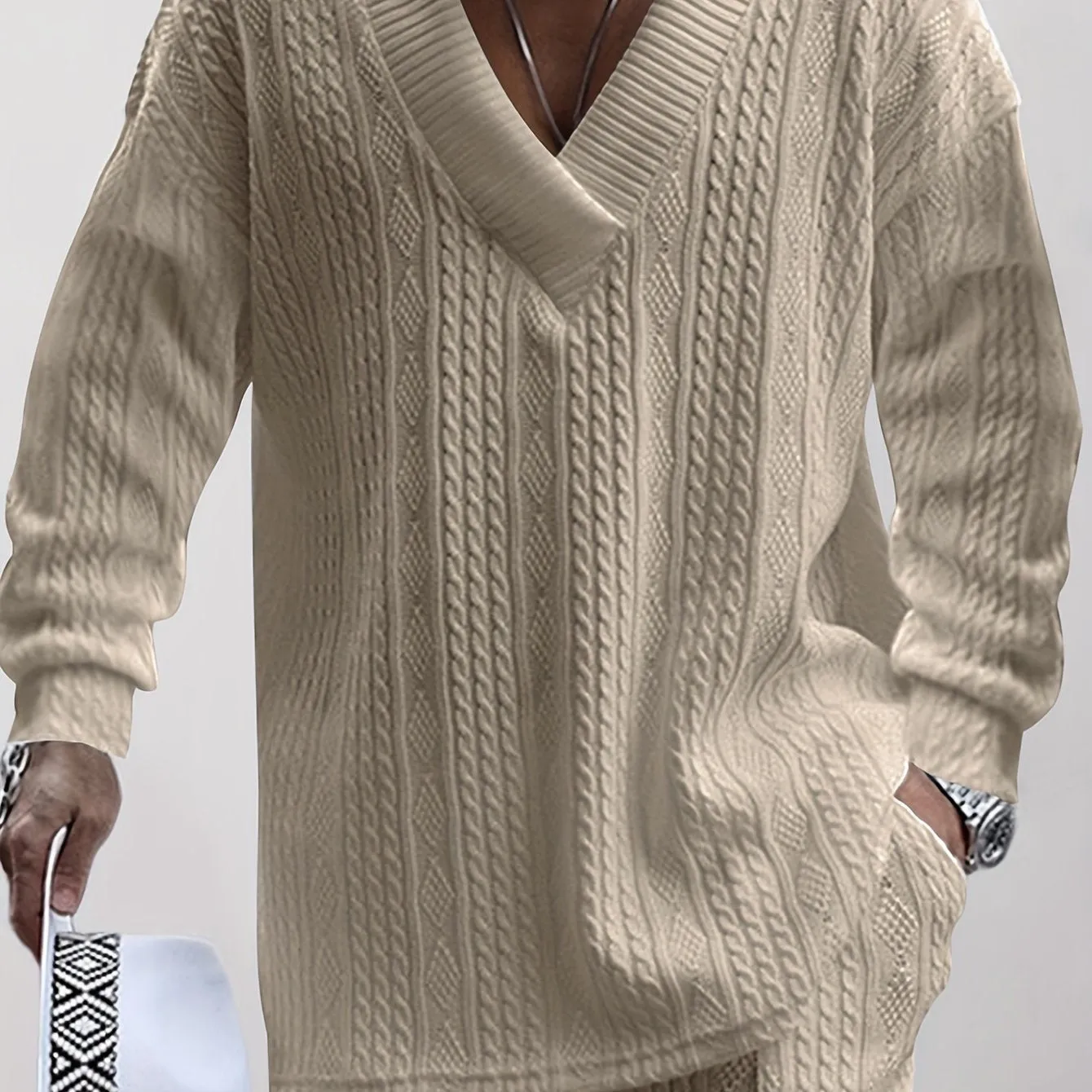 Men's Knitted 2Pcs Casual Outfit Set - V Neck Sweater & Drawstring Joggers