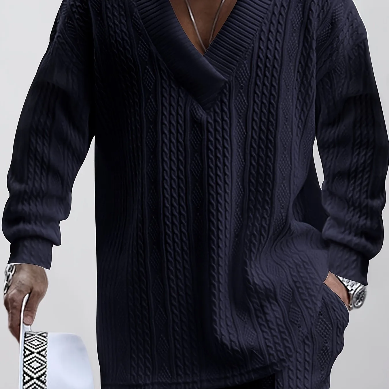 Men's Knitted 2Pcs Casual Outfit Set - V Neck Sweater & Drawstring Joggers