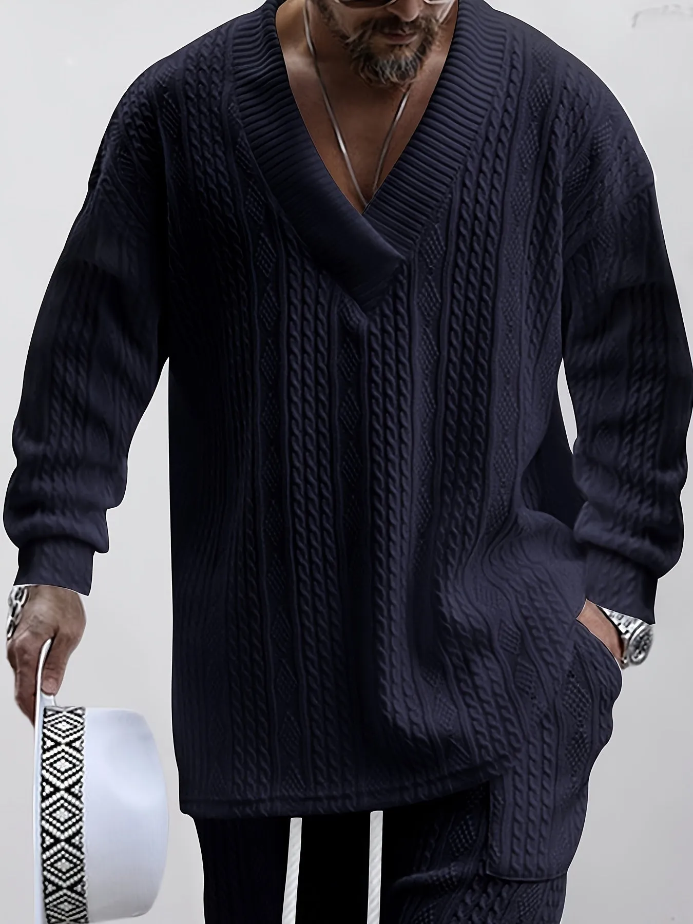 Men's Knitted 2Pcs Casual Outfit Set - V Neck Sweater & Drawstring Joggers