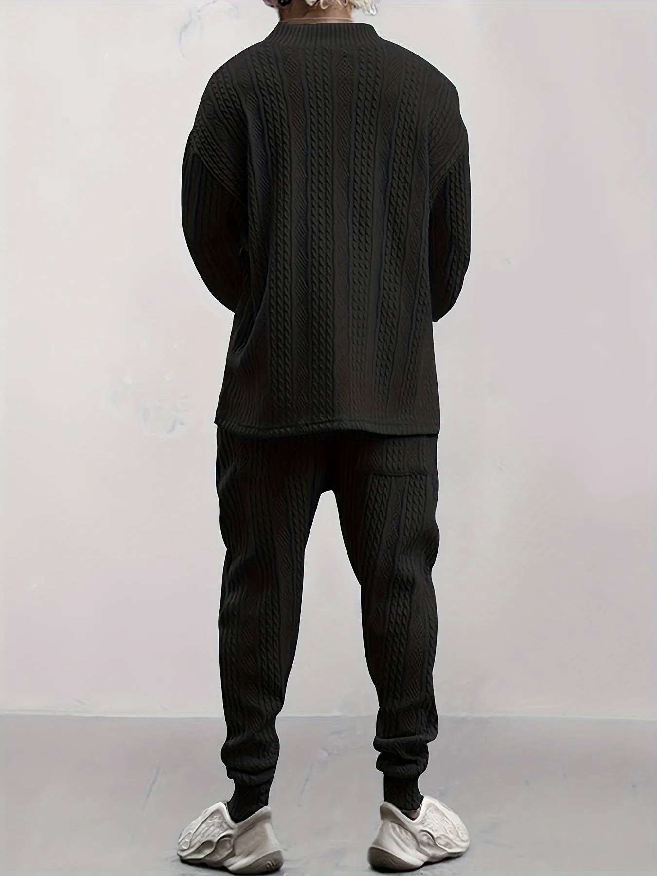 Men's Knitted 2Pcs Casual Outfit Set - V Neck Sweater & Drawstring Joggers