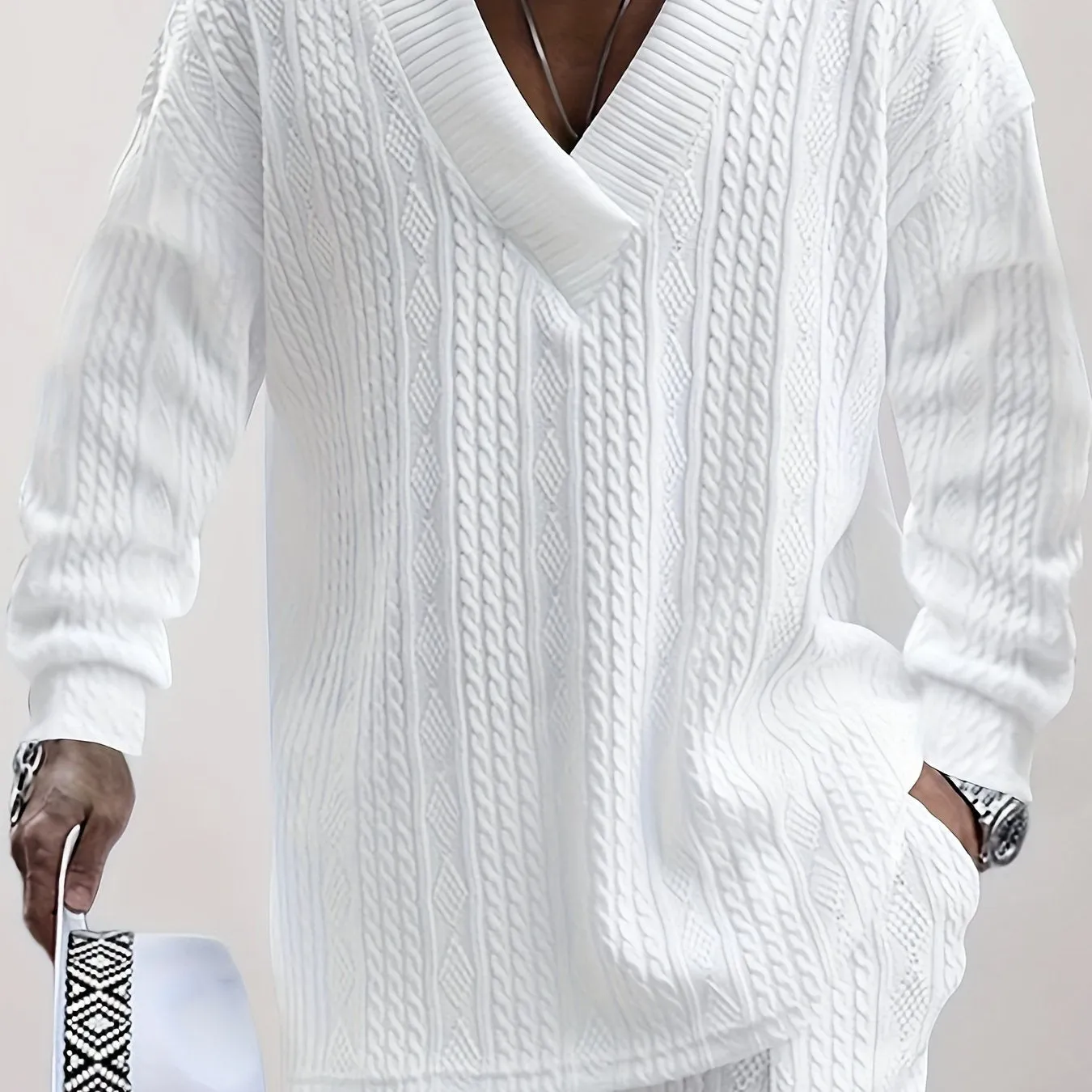 Men's Knitted 2Pcs Casual Outfit Set - V Neck Sweater & Drawstring Joggers