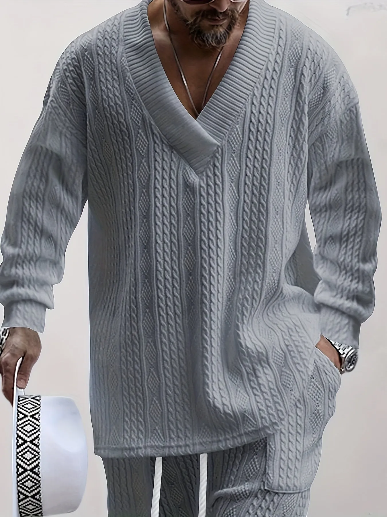 Men's Knitted 2Pcs Casual Outfit Set - V Neck Sweater & Drawstring Joggers