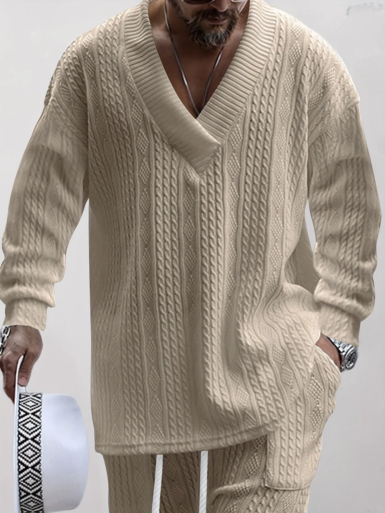Men's Knitted 2Pcs Casual Outfit Set - V Neck Sweater & Drawstring Joggers