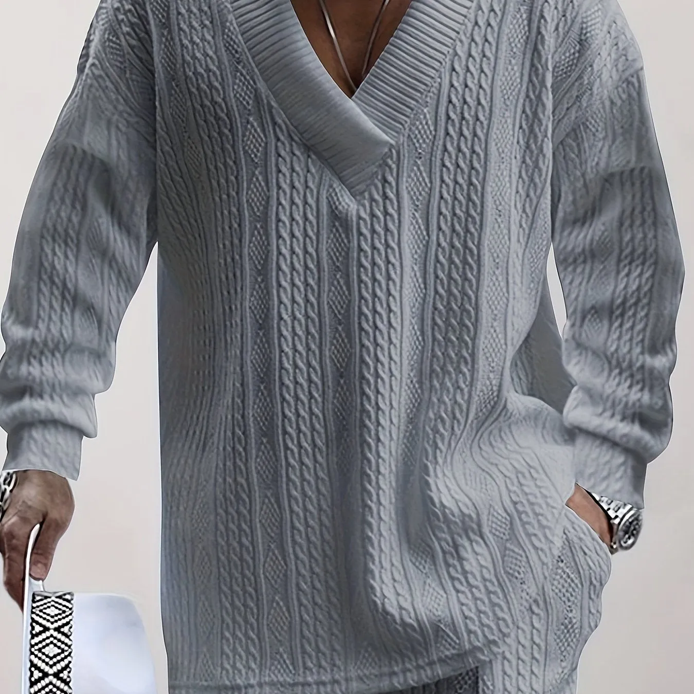 Men's Knitted 2Pcs Casual Outfit Set - V Neck Sweater & Drawstring Joggers