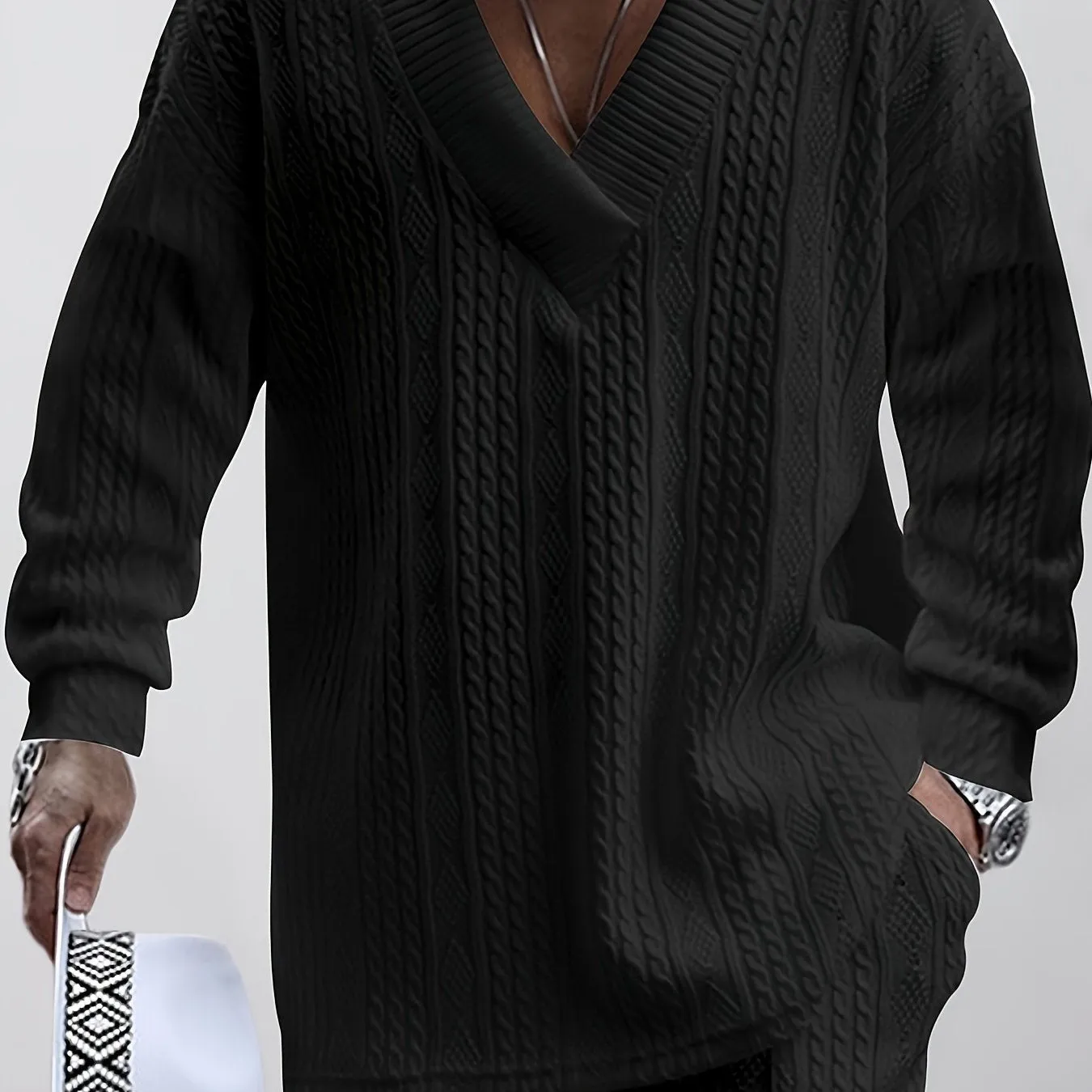 Men's Knitted 2Pcs Casual Outfit Set - V Neck Sweater & Drawstring Joggers