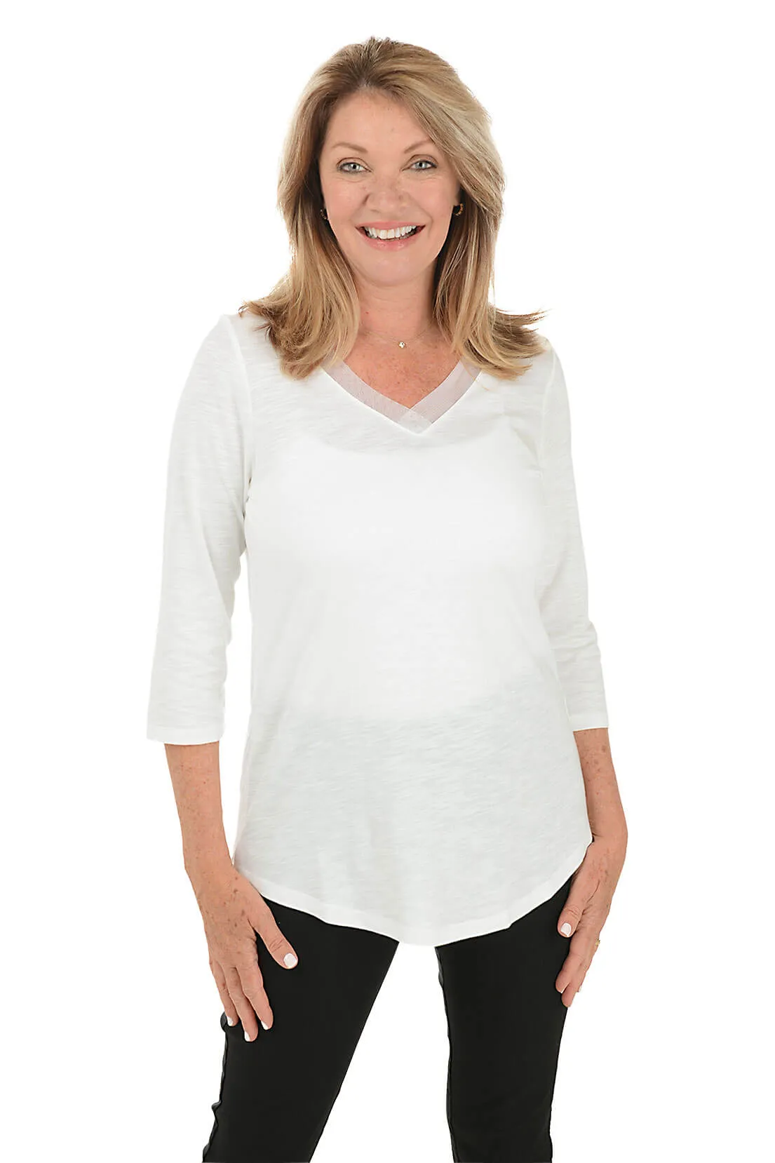 Mesh V-Neck 3/4 Sleeve Top