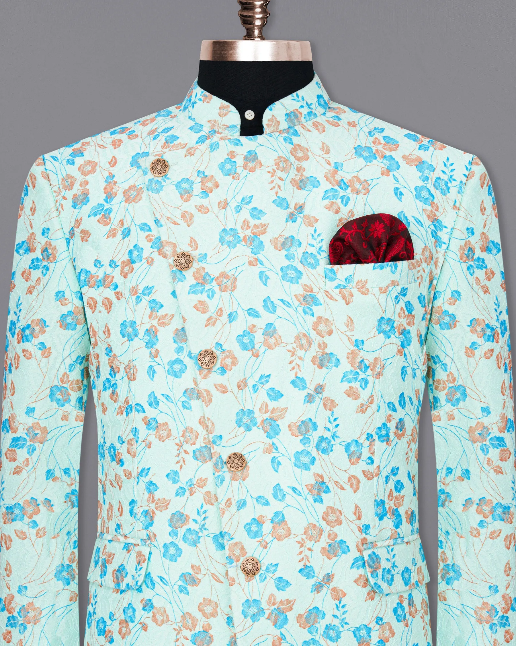 Mint Tulip and Tiffany Blue Floral Printed Cross-Button Bandhgala Designer Blazer