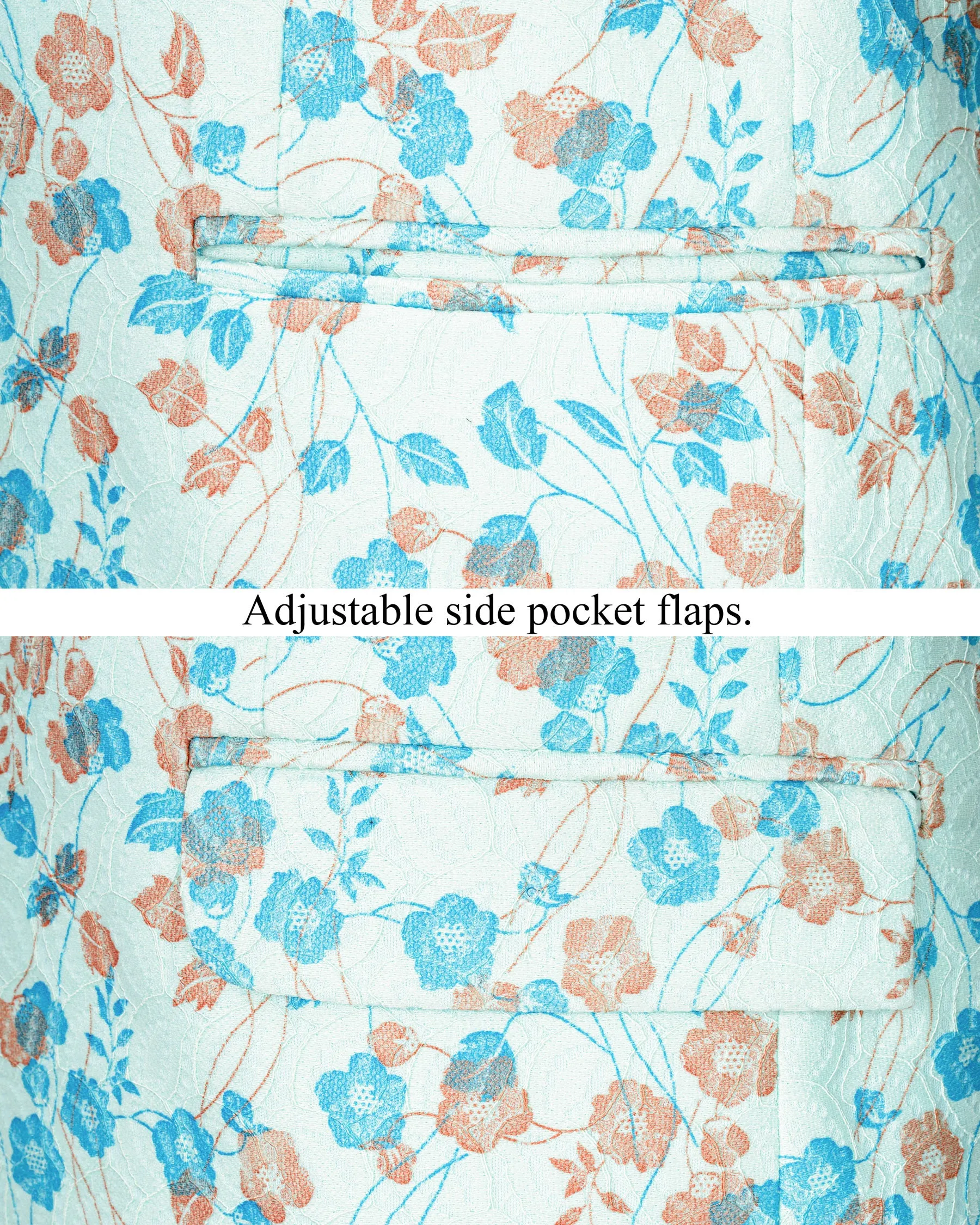 Mint Tulip and Tiffany Blue Floral Printed Cross-Button Bandhgala Designer Blazer