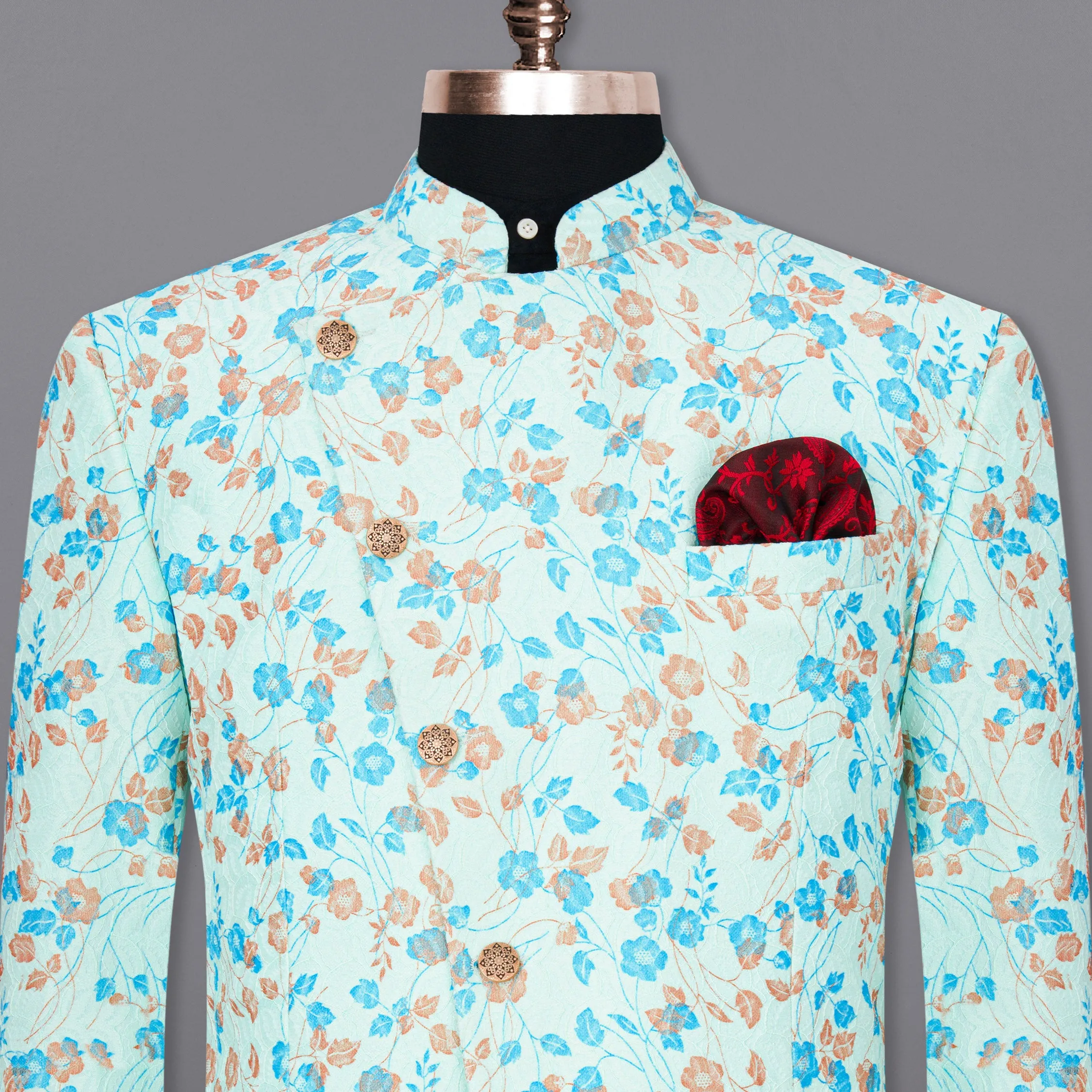 Mint Tulip and Tiffany Blue Floral Printed Cross-Button Bandhgala Designer Blazer