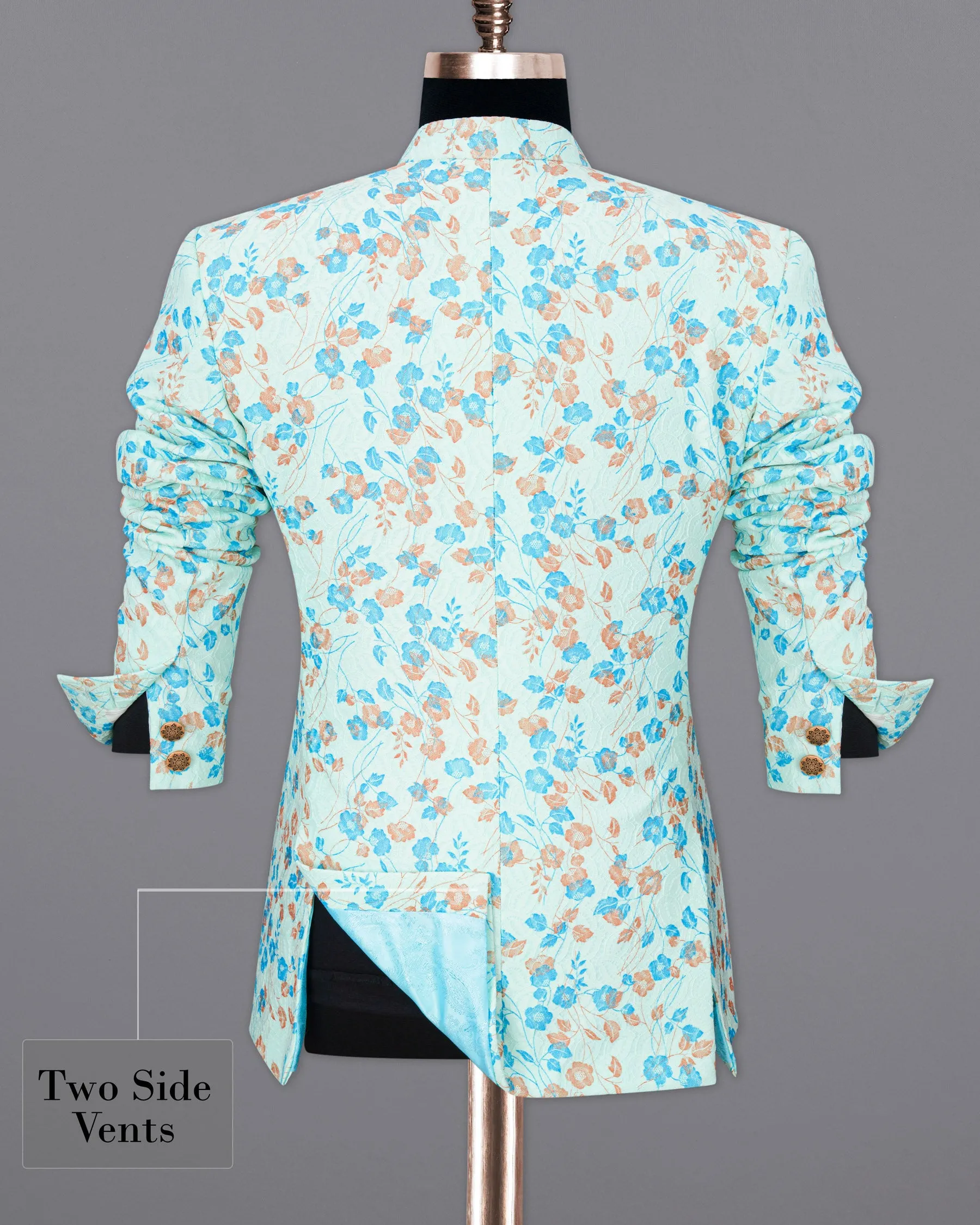 Mint Tulip and Tiffany Blue Floral Printed Cross-Button Bandhgala Designer Blazer