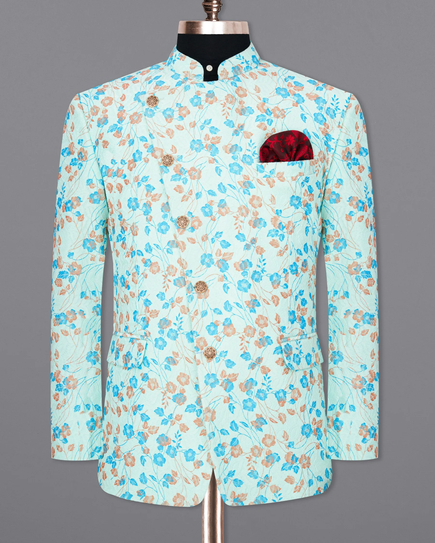 Mint Tulip and Tiffany Blue Floral Printed Cross-Button Bandhgala Designer Blazer