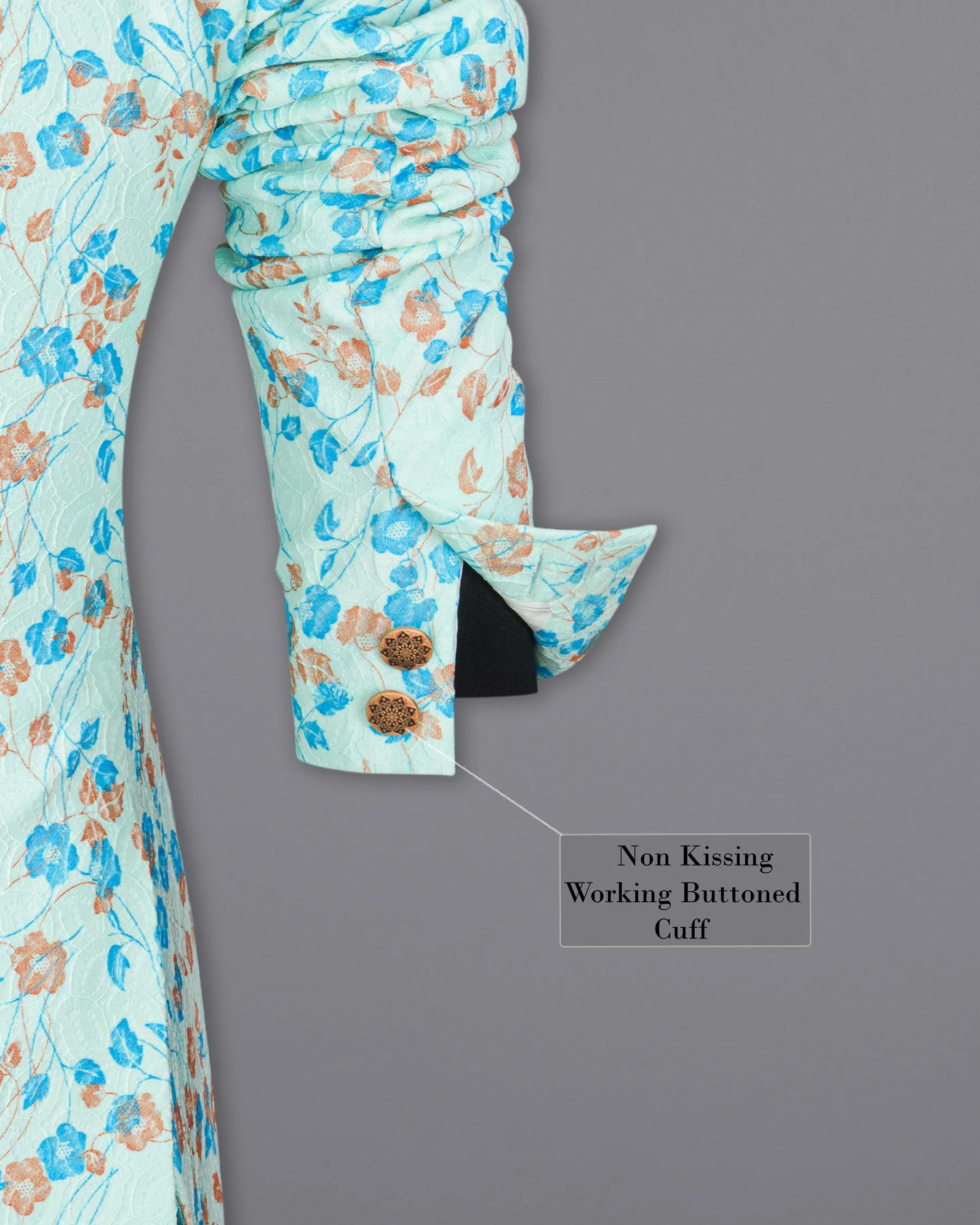 Mint Tulip and Tiffany Blue Floral Printed Cross-Button Bandhgala Designer Blazer