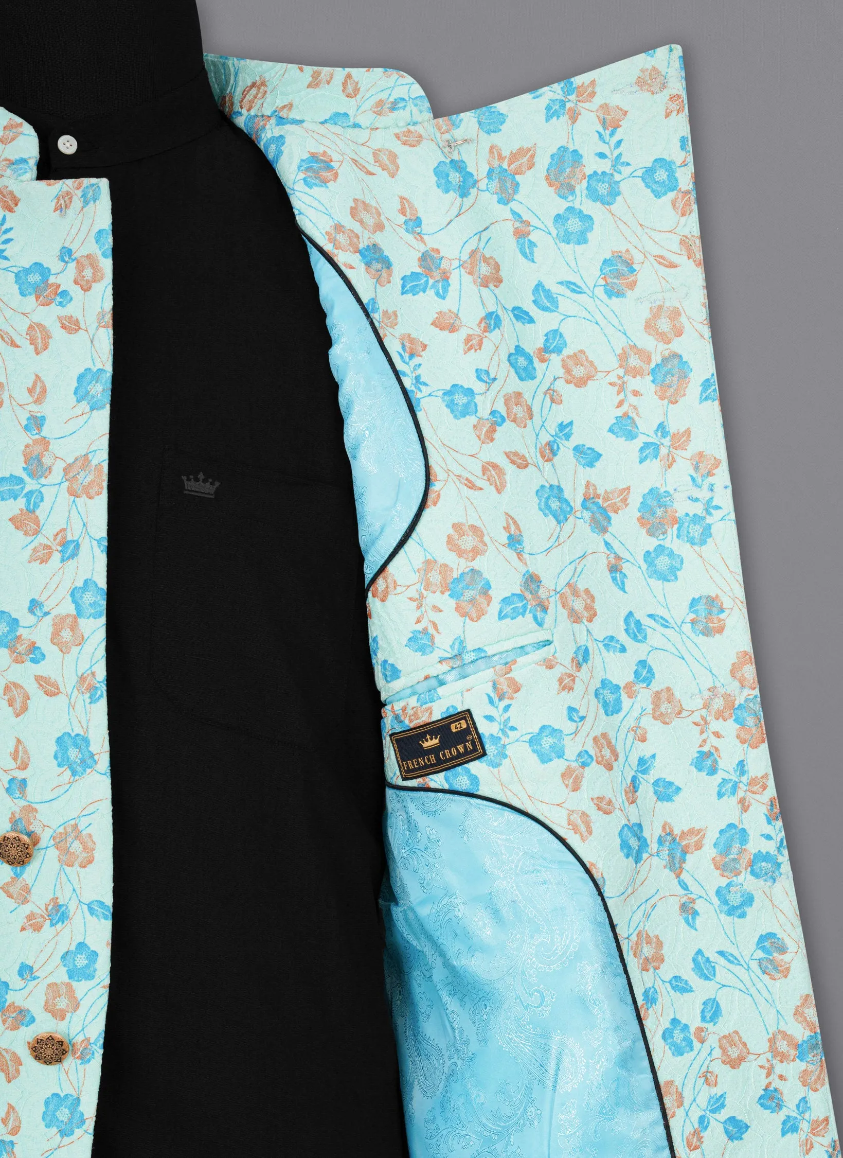 Mint Tulip and Tiffany Blue Floral Printed Cross-Button Bandhgala Designer Blazer