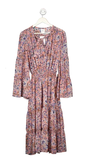 MISA Los Angeles Pink Long Sleeve Tie Neck Midi Dress UK S