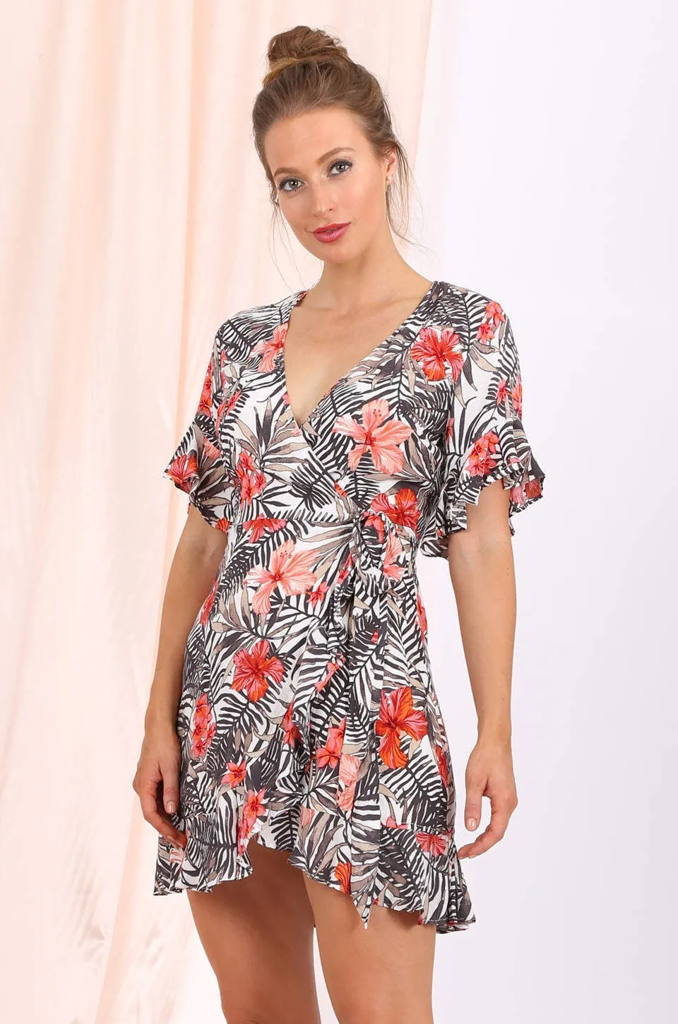 MISS PINKI Aaliyah ruffle wrap dress in tropical floral