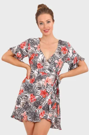 MISS PINKI Aaliyah ruffle wrap dress in tropical floral