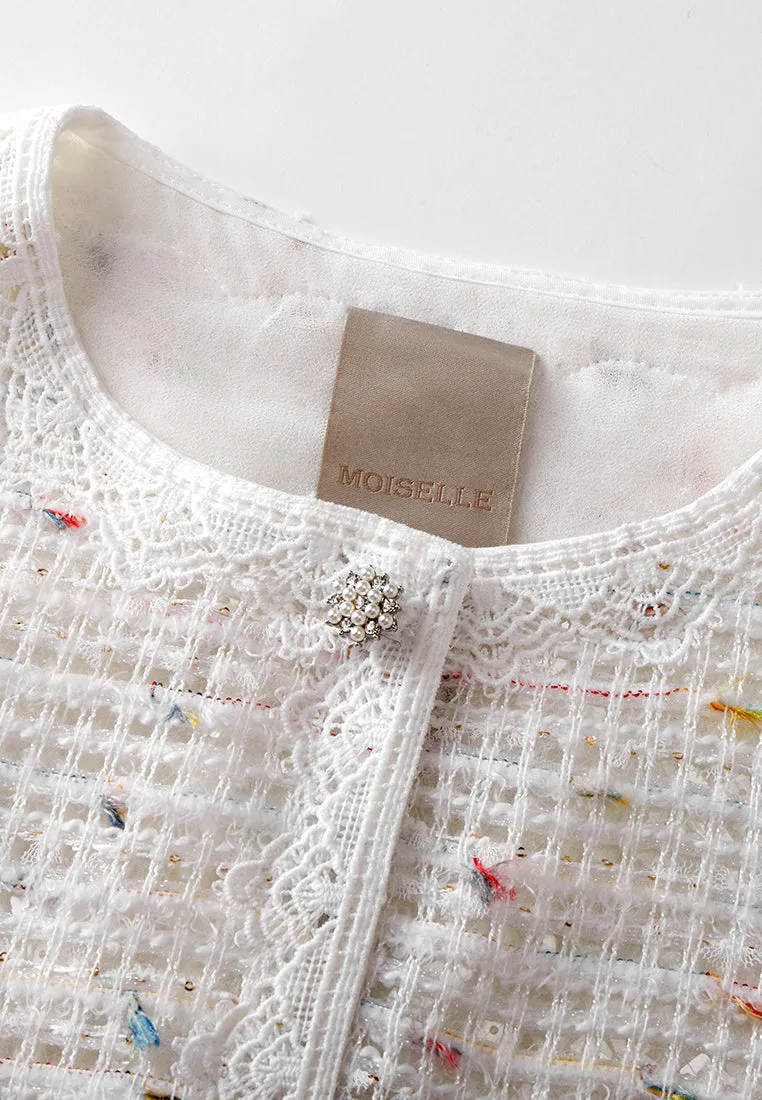 Mixed-tweed Hollow-carved Lace-detail Pocket Jacket
