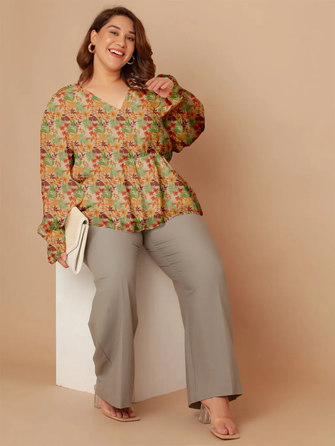 Multi-Colored Floral Print Peplum Top