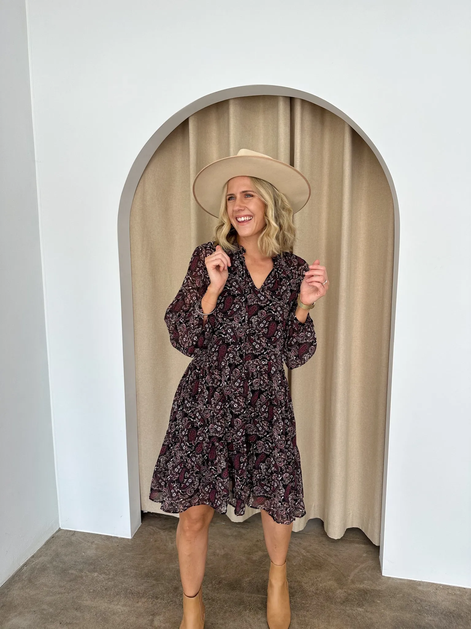 Murphy Dress- Black/Purple Paisley