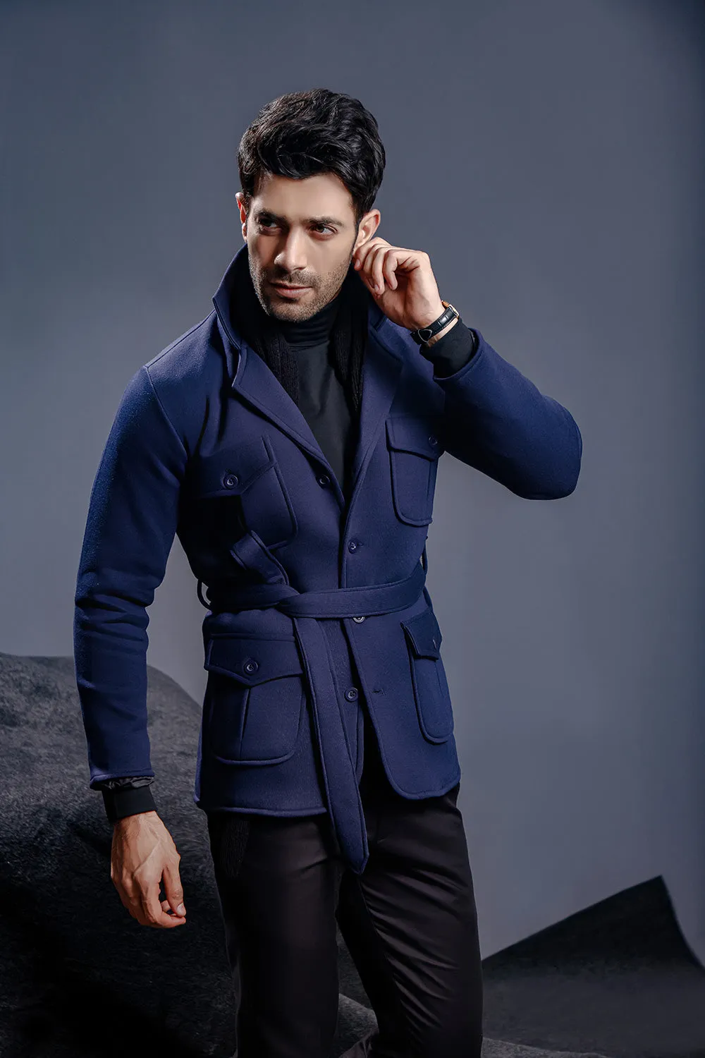 Navy Blue Belted Safari Jacket
