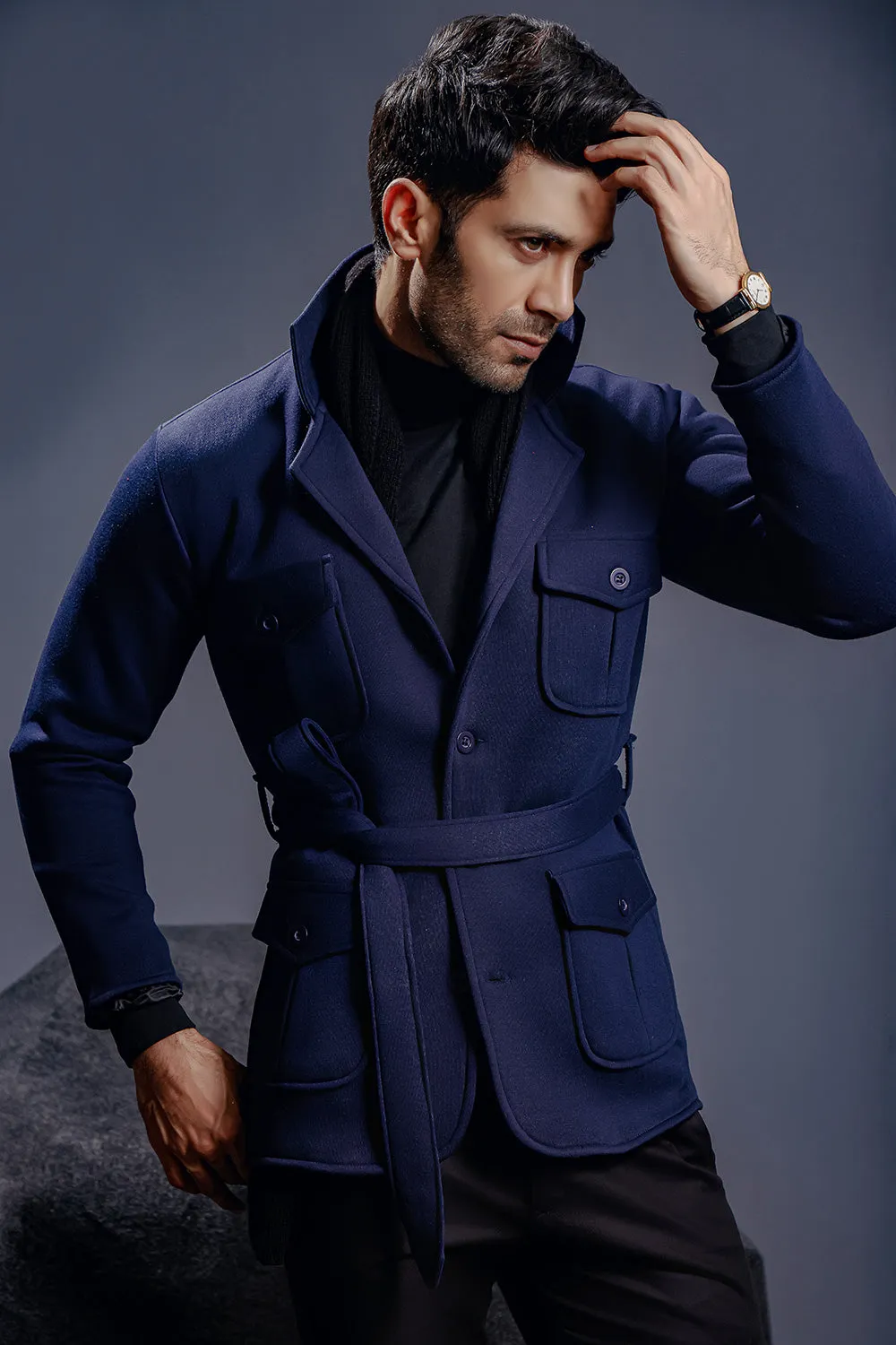 Navy Blue Belted Safari Jacket
