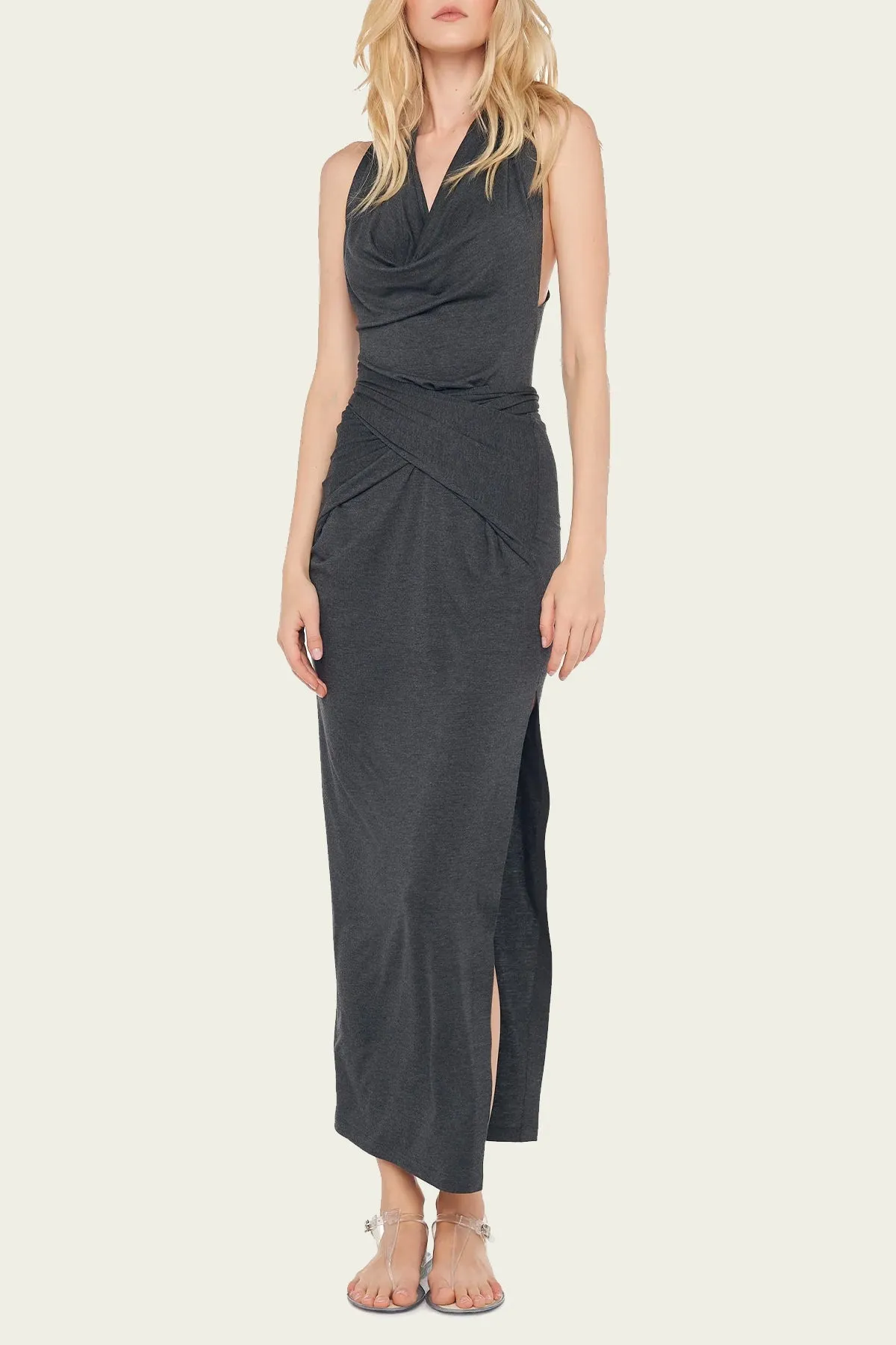 Neeta Tie Front Side Slit Gown in Dark Grey