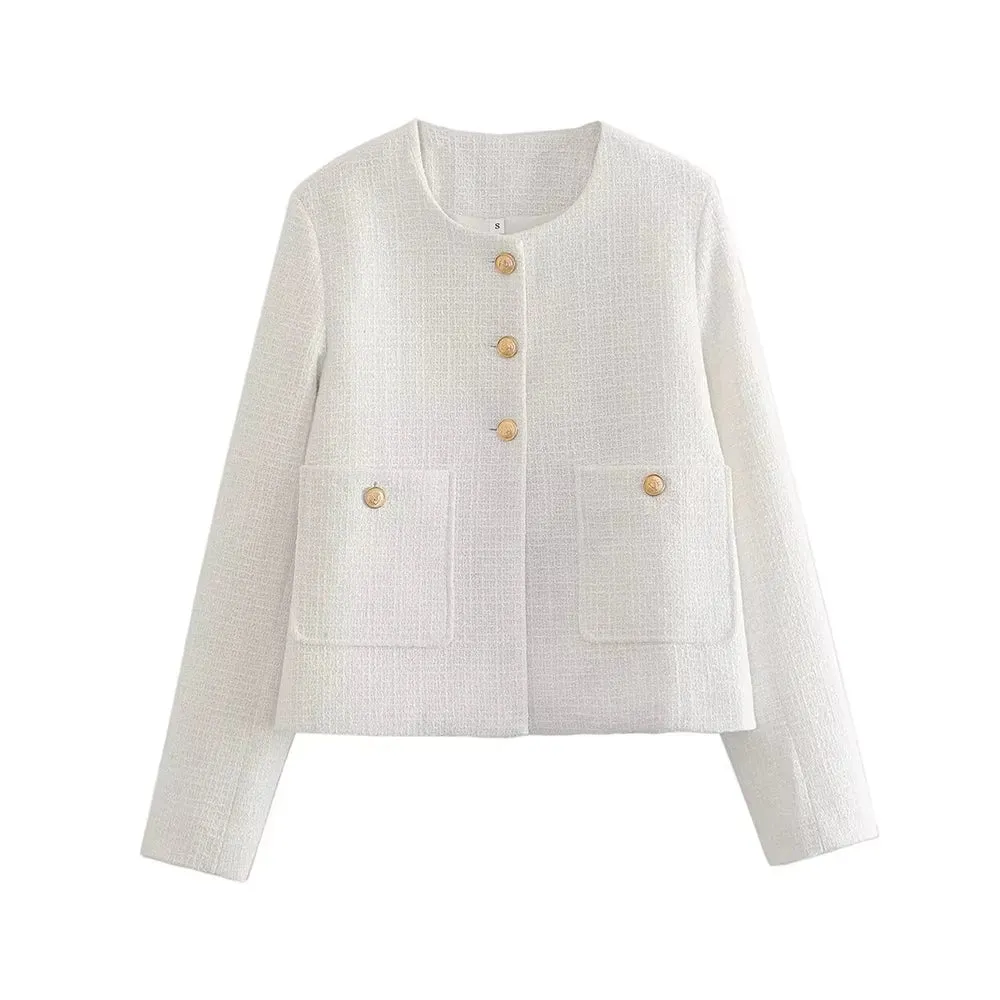 New Luxury Fashion  Women Pockets Tweed Jack Coat Vintage Long Sleeve Stylish Female Outerwear