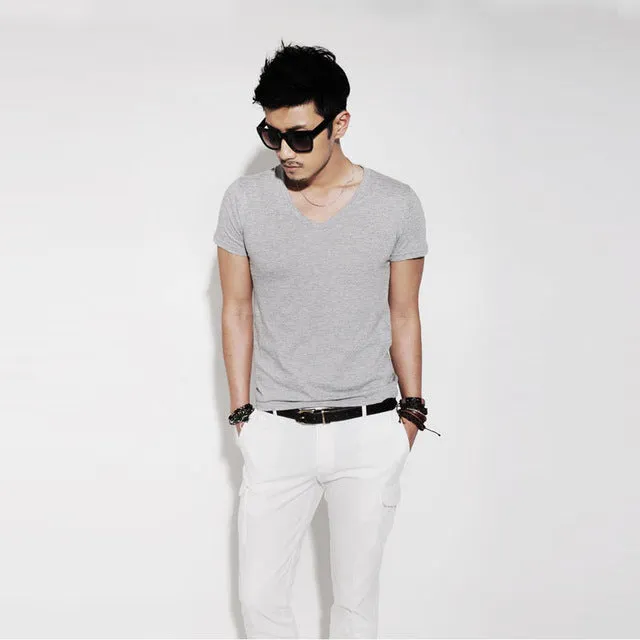 New Spring Summer Fashion Men T Shirt Slim Fit Cotton V Neck Man Short Sleeve Tops Shirt Casual T-Shirt Tops hot male blusas