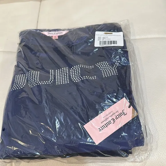 NWT JUICY COUTURE Velour Fitted Top And Wide Leg Pants Lounge Set in Royal Navy