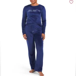 NWT JUICY COUTURE Velour Fitted Top And Wide Leg Pants Lounge Set in Royal Navy