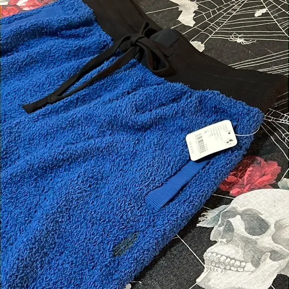 NWT WOMENS FREE MOVEMENT BY FREE PEOPLE CUDDLE UP BLUE FLEECE TIE WAIST PANTS M