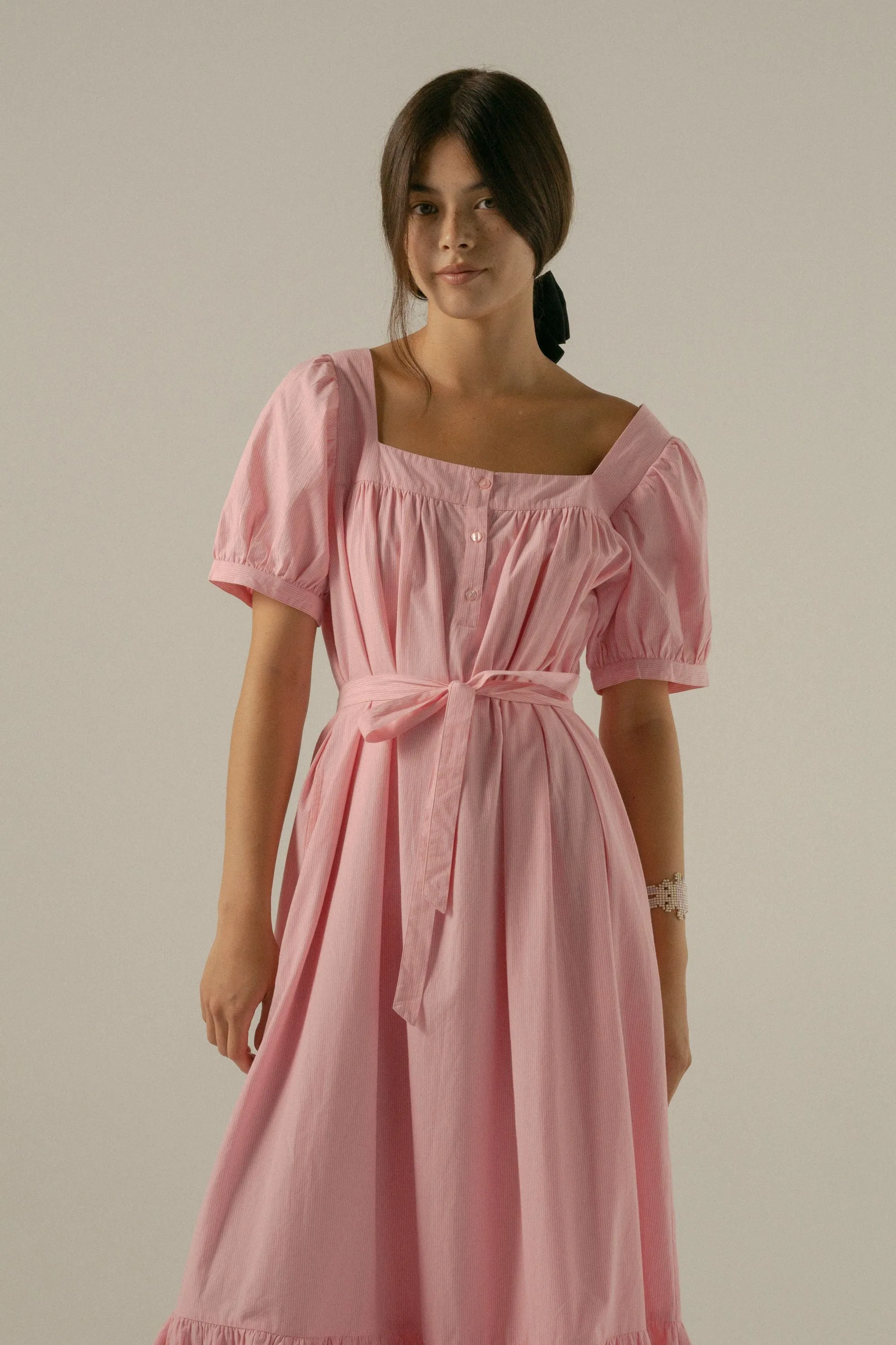 Oak Meadow - Gigi Midi Dress in Juni Rose Pinstripe