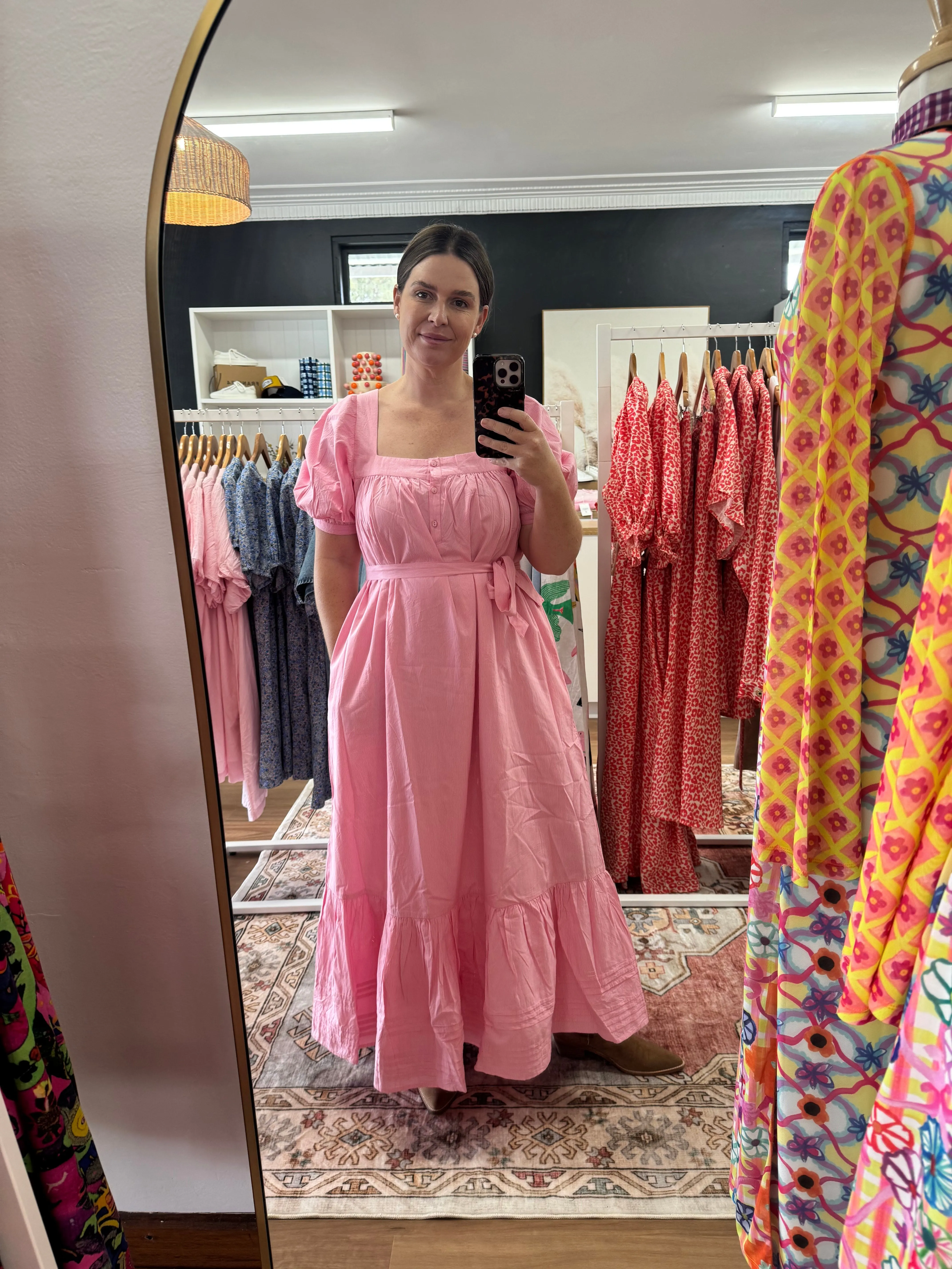 Oak Meadow - Gigi Midi Dress in Juni Rose Pinstripe