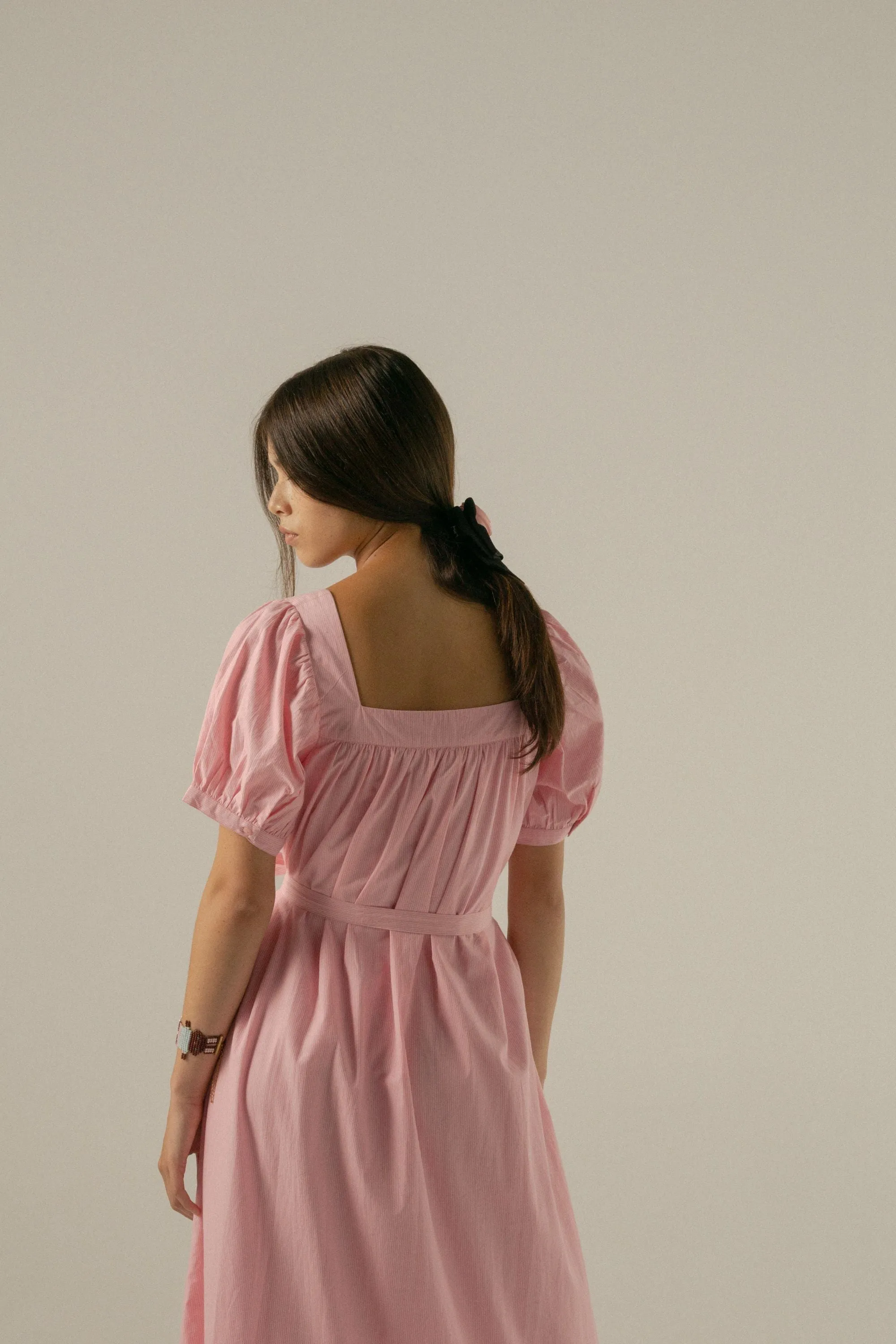 Oak Meadow - Gigi Midi Dress in Juni Rose Pinstripe