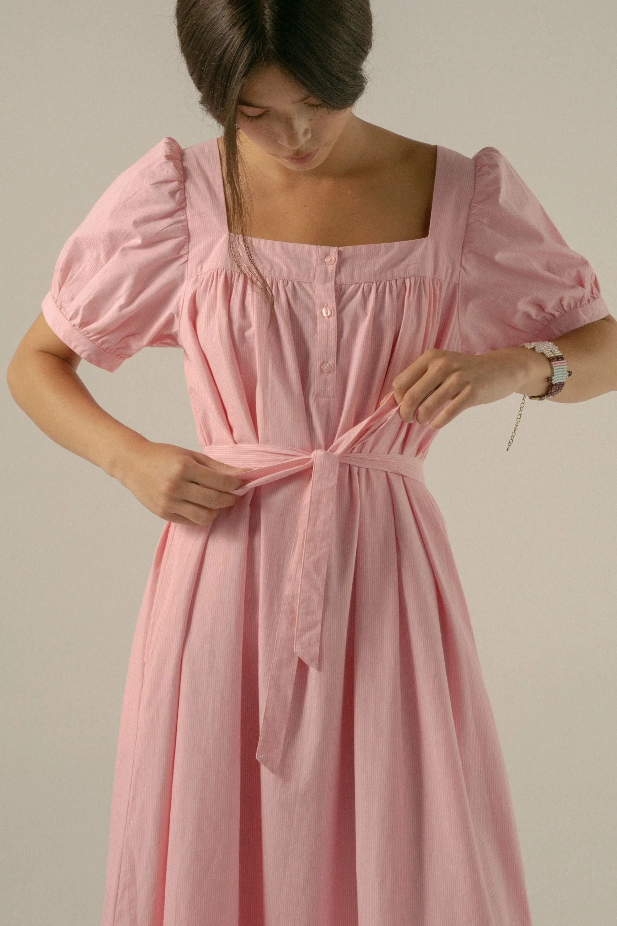 Oak Meadow - Gigi Midi Dress in Juni Rose Pinstripe
