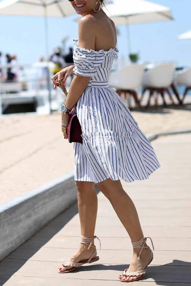 Off Shoulder Midi Striped Dress