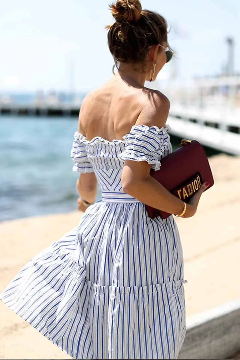 Off Shoulder Midi Striped Dress