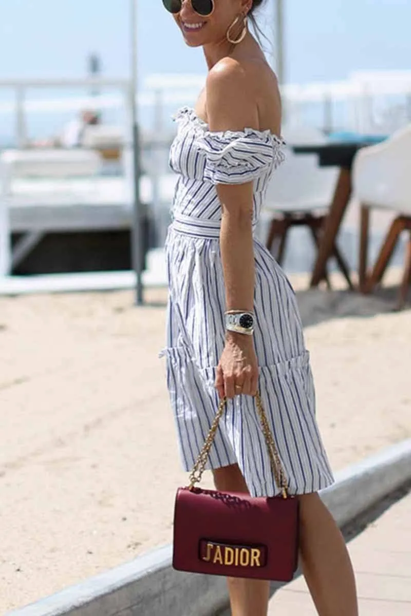 Off Shoulder Midi Striped Dress