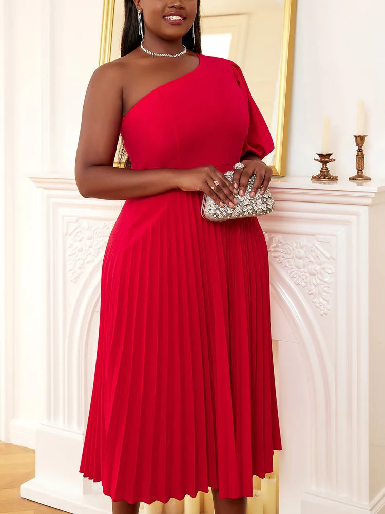 One Shoulder Puff Sleeve Pleated Dress