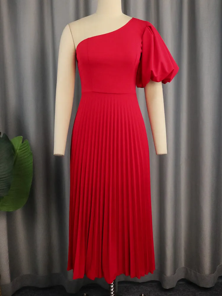 One Shoulder Puff Sleeve Pleated Dress