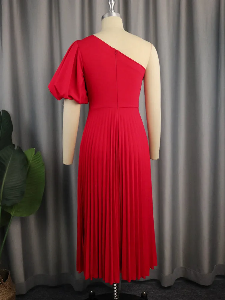 One Shoulder Puff Sleeve Pleated Dress